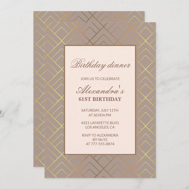 Elegant Gold 61st birthday invitations Dinner  (Front/Back)