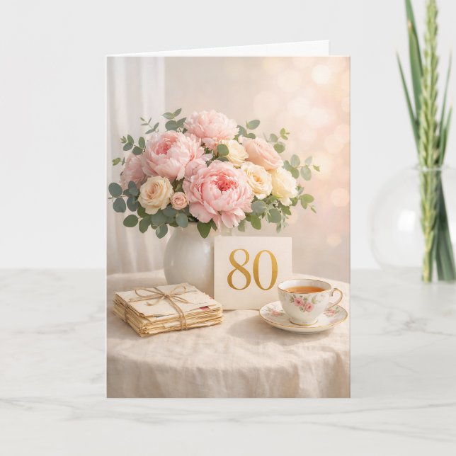 Elegant Gold “80” Floral Tea Party 80th Birthday Card (Front)