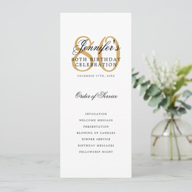 Elegant Gold 80th Birthday Party Program Menu Invitation (Standing Front)
