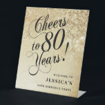 Elegant Gold 80th Birthday Pedestal Sign<br><div class="desc">Elegant 80th birthday party welcome pedestal sign. Classy design in faux glitter gold and black. Features typography script font and confetti. Perfect for a stylish women's bday celebration. Personalise with your own details.</div>