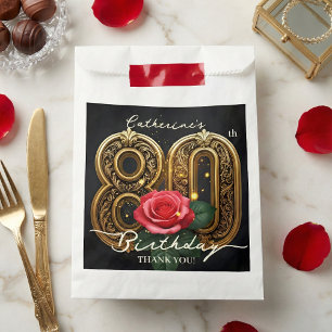 Elegant Gold 80th Birthday Red Rose Floral Black Favour Bags