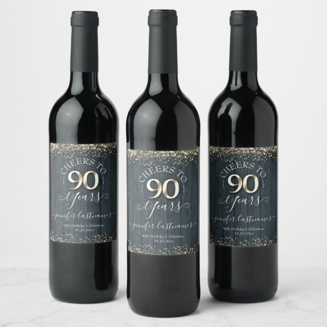 Elegant Gold 90th Birthday Script Wine Label (Bottles)