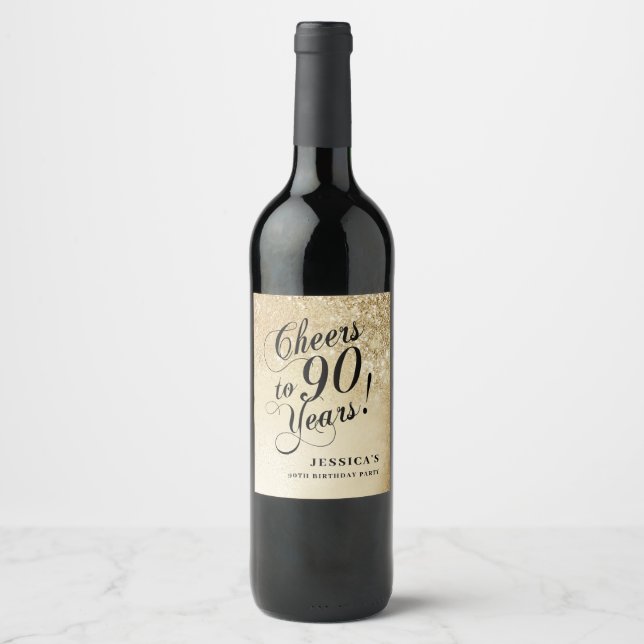 Elegant Gold 90th Birthday Wine Label (Front)