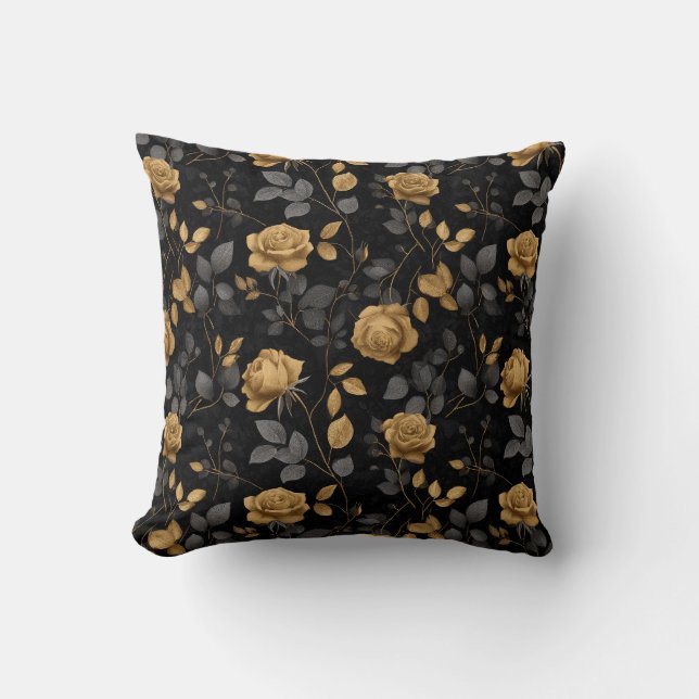 Elegant Gold Accent Rose Black Floral Pattern Cushion (Front)