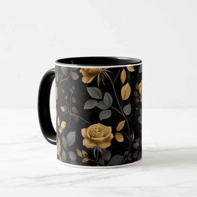Elegant Gold Accent Rose Black Floral Pattern Mug (Front Left)