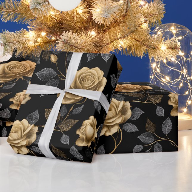 Elegant Gold Accent Rose Black Floral Pattern Wrapping Paper (Holidays)