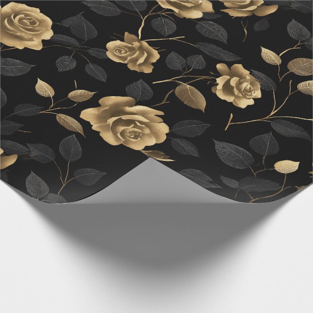 Elegant Gold Accent Rose Black Floral Pattern Wrapping Paper (Corner)