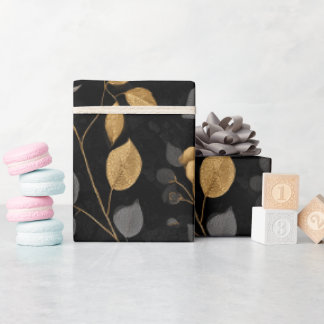 Elegant Gold Accent Rose Black Floral Pattern Wrapping Paper