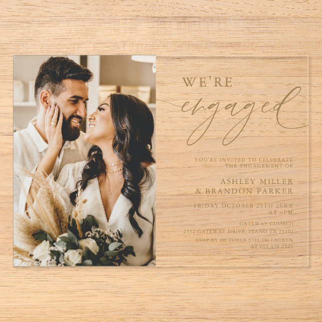 Elegant Gold Acrylic Engagement Party Invitations (Front)