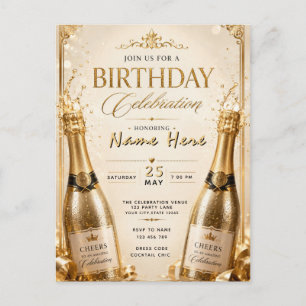 Elegant gold adult birthday champagne invitation postcard