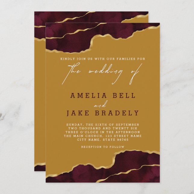 Elegant Gold Agate Burgundy Wedding Invitation (Front/Back)