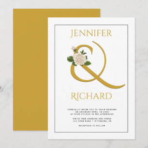Elegant gold ampersand and white rose wedding invitation