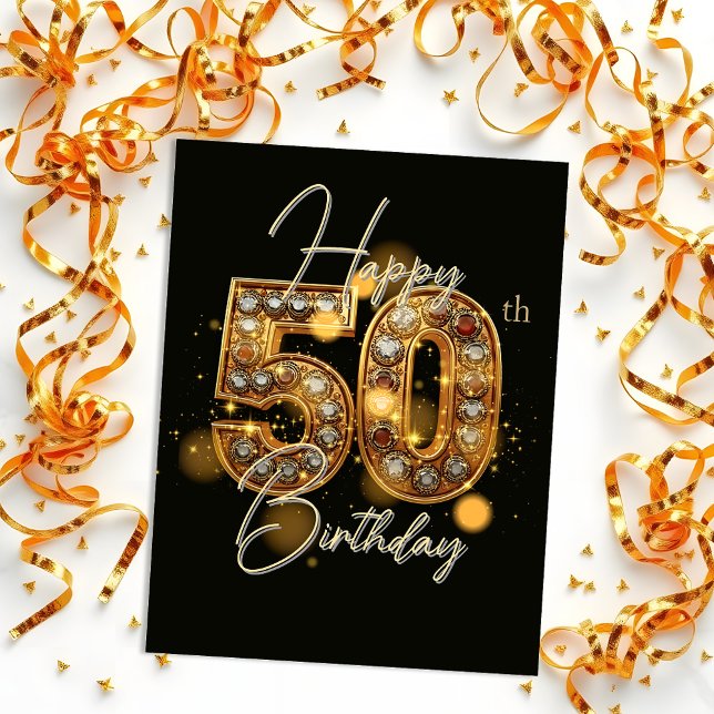 Elegant Gold and Black 50th Birthday Celebration Postcard (Creator Uploaded)