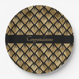 Elegant Gold and Black Art Deco Geometric Fans  Paper Plate