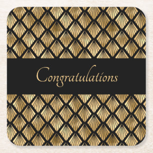 Elegant Gold and Black Art Deco Geometric Fans   Square Paper Coaster