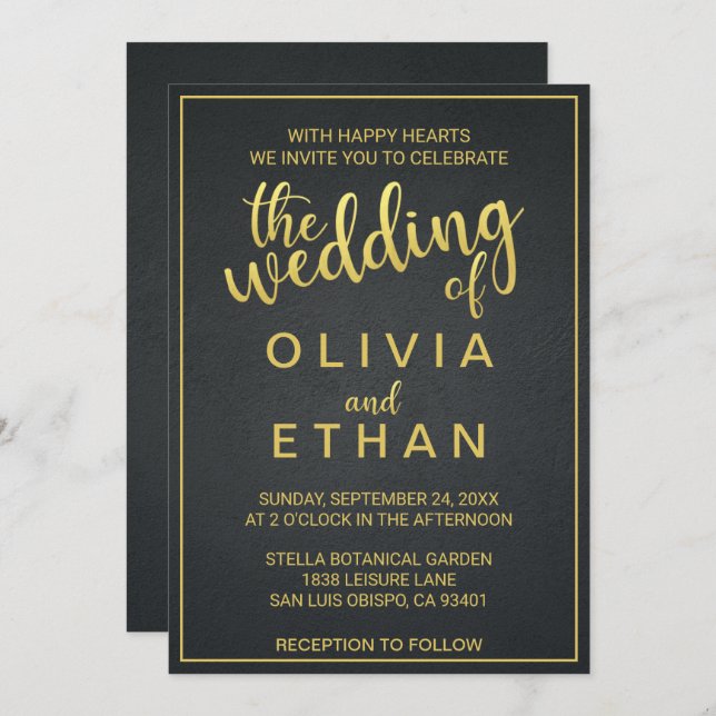 Elegant gold and black classy Wedding Invitation (Front/Back)