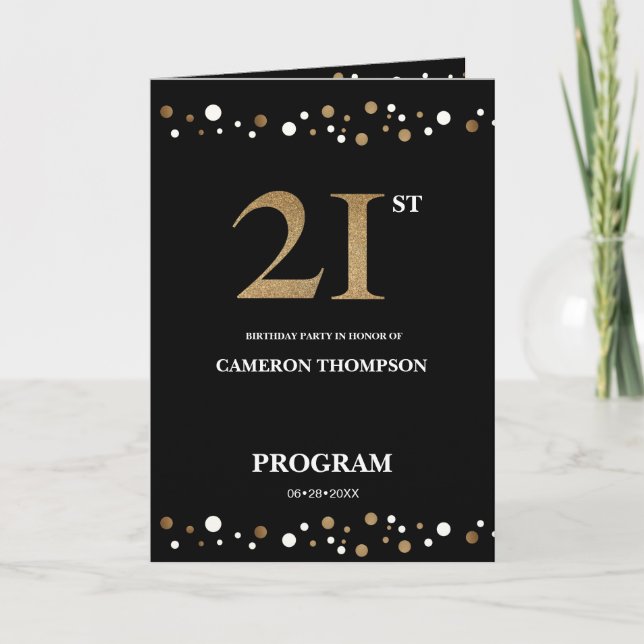 Elegant Gold and Black Confetti 21ST birthday Programme (Front)