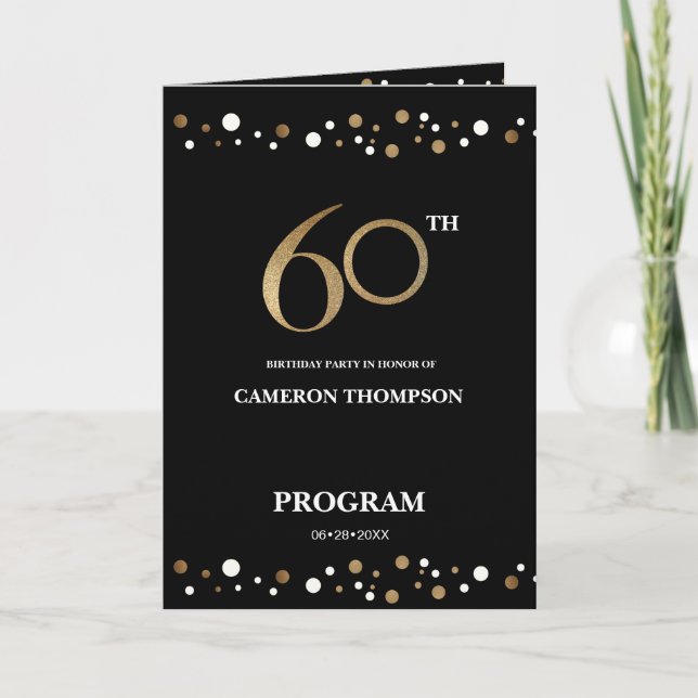 Elegant Gold and Black Confetti 60th birthday Programme (Front)