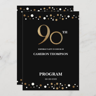 Elegant Gold and Black Confetti 90th birthday Programme