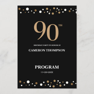 Elegant Gold and Black Confetti 90th birthday  Programme