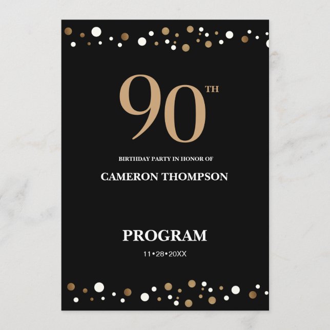 Elegant Gold and Black Confetti 90th birthday  Programme (Front)