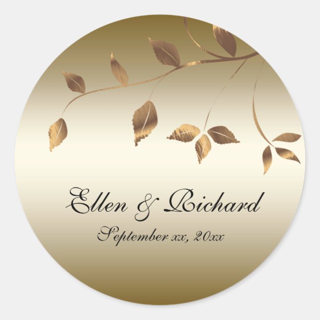 Elegant Gold and Black, Falling Leaves Classic Round Sticker (Front)