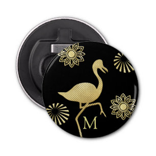 Elegant Gold and Black Flamingo Art Monogram Bottle Opener