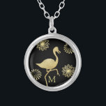 Elegant Gold and Black Flamingo Art Monogram Silver Plated Necklace<br><div class="desc">Elegant monogrammed necklace with gold coloured flamingo and flower design.</div>