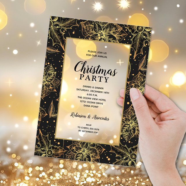 Elegant Gold and Black Floral Christmas Party Acrylic Invitations (Elegant gold poinsettias and holly on black Christmas party ACRYLIC invitations)