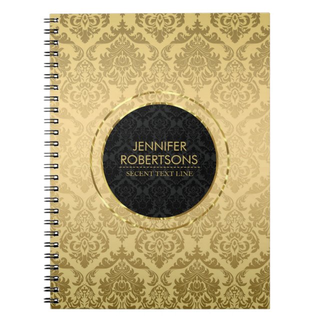 Elegant Gold And Black Floral Damasks Notebook (Front)