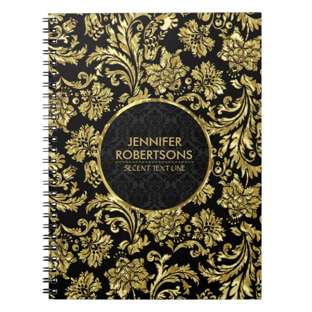 Elegant Gold And Black Floral Damasks Spiral Notebook (Front)