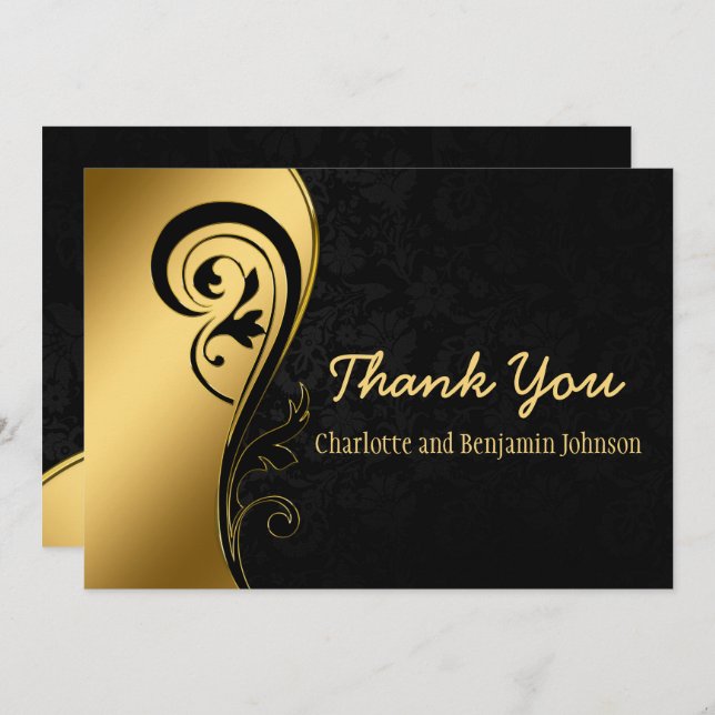 Elegant Gold and Black Floral Wedding  Thank You Card (Front/Back)
