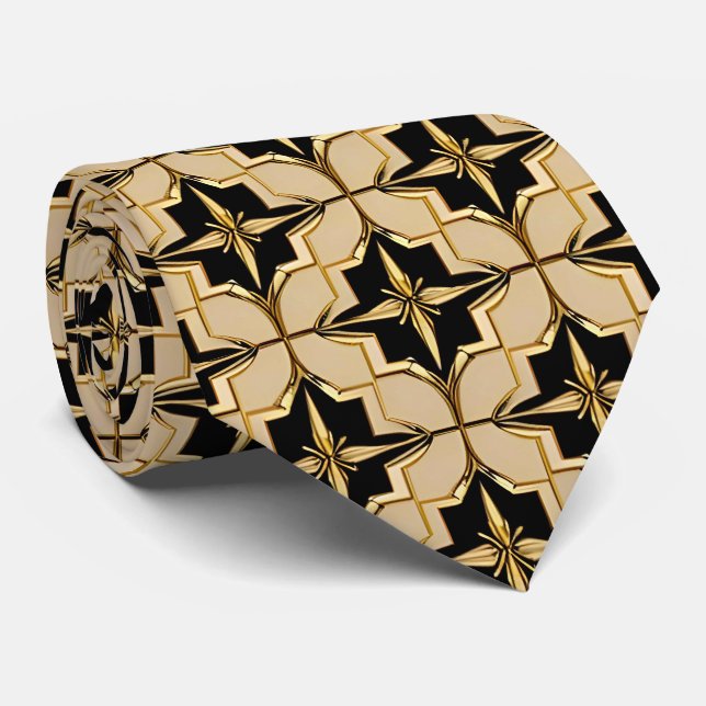 Elegant Gold and Black Geometric Pattern Tie (Rolled)