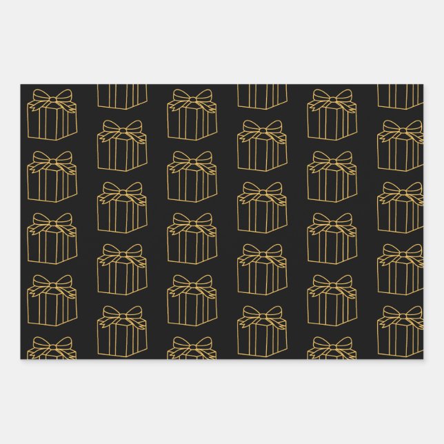 Elegant Gold and Black Gift Box Pattern Holiday Wrapping Paper Sheet (Front)