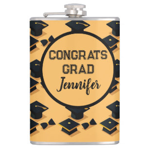 Elegant Gold and Black Graduation Cap Pattern Hip Flask