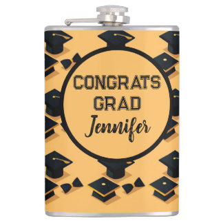 Elegant Gold and Black Graduation Cap Pattern Hip Flask