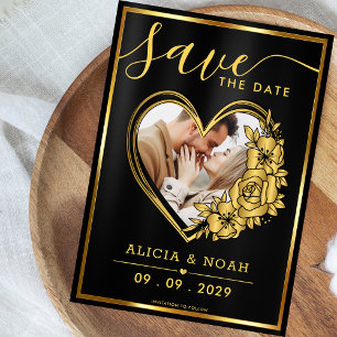 Elegant Gold and Black Heart Photo Save the Date 