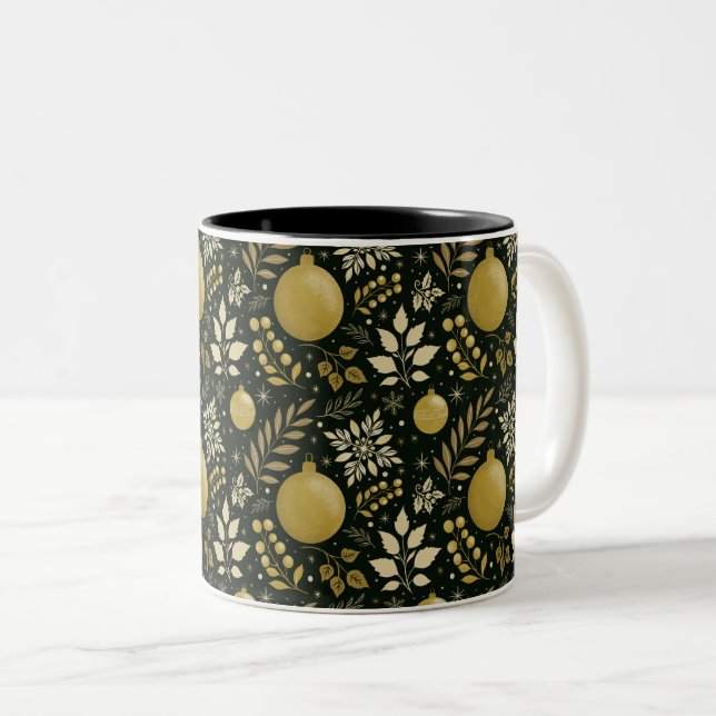 Elegant Gold and Black Holiday Ornament Christmas Two-Tone Coffee Mug (Front Right)