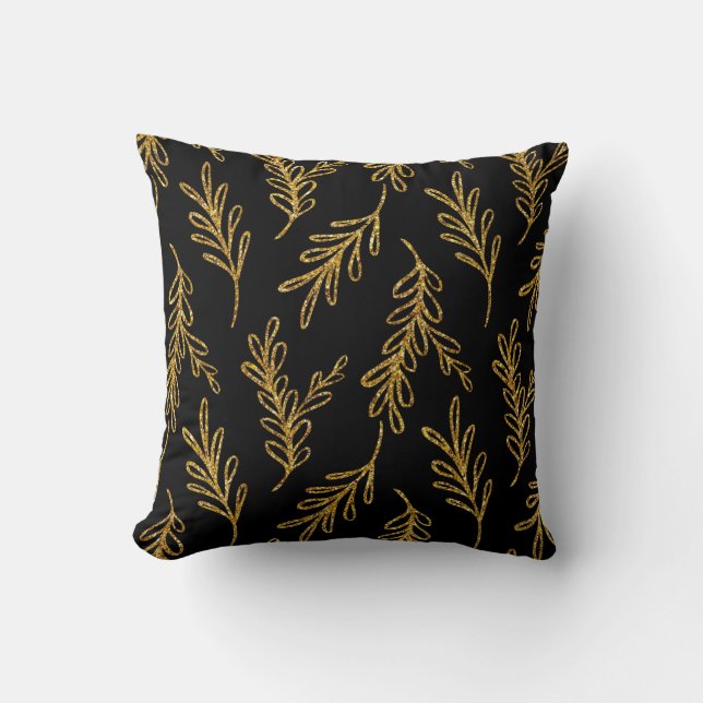 Elegant Gold and Black Leaves  Cushion (Front)