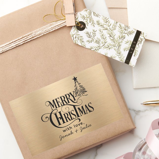Elegant Gold and Black Merry Christmas Script Rectangular Sticker (Creator Uploaded)