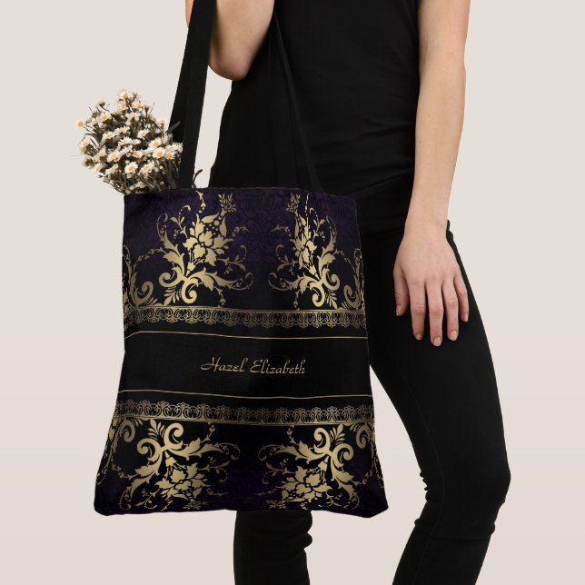Elegant Gold and Black Monogram Tote Bag (Close Up)