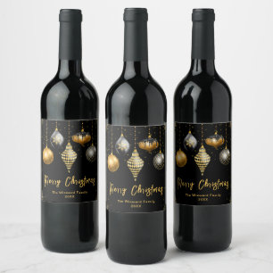 Elegant Gold and Black Ornament Christmas Wine Label