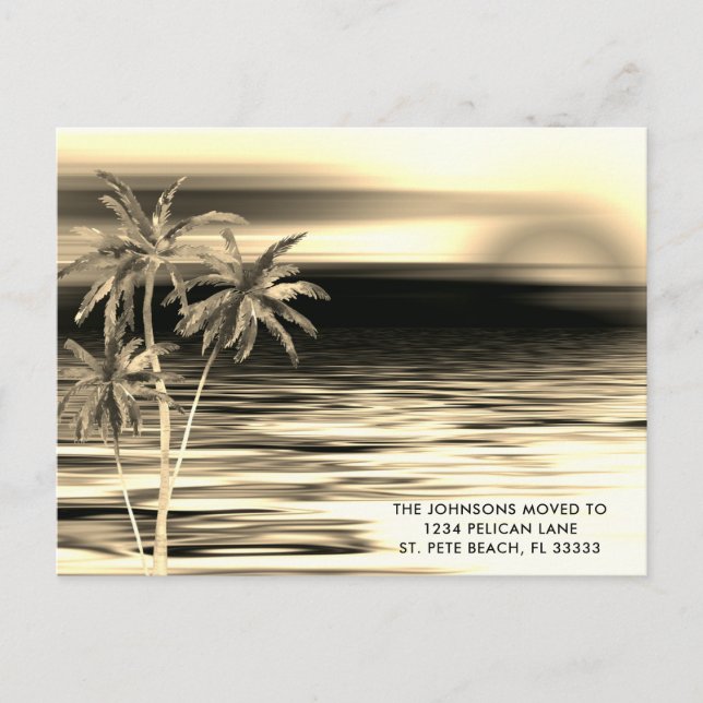 Elegant Gold and Black Palm Trees Sunset Moving Announcement Postcard (Front)