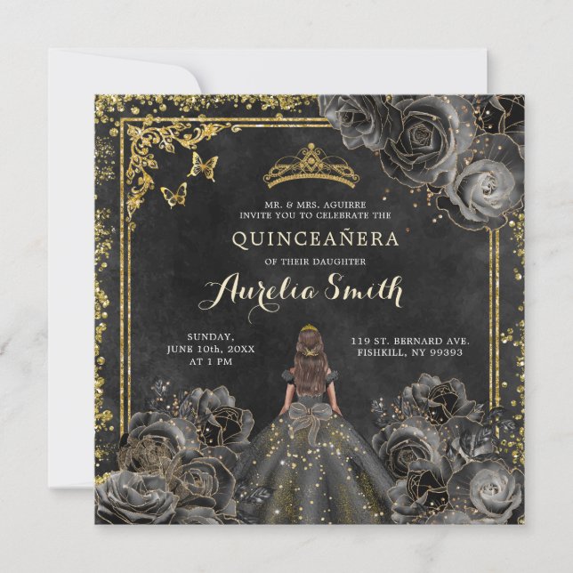 Elegant Gold and Black Roses Princess Quinceañera Invitation (Front)