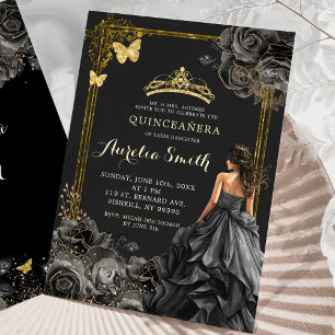 Elegant Gold and Black Roses Princess Quinceañera Invitation