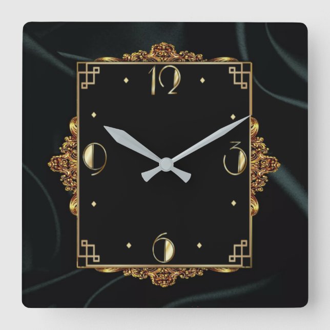 Elegant gold and black square wall clock (Front)
