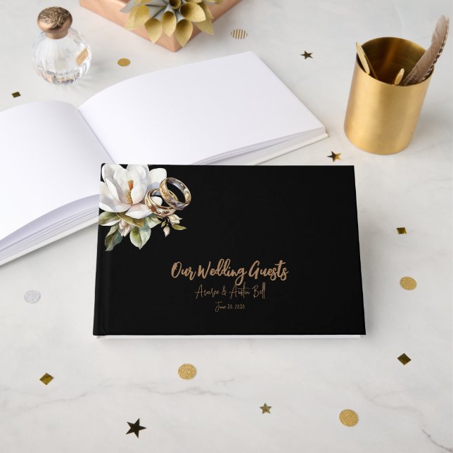 Elegant Gold and Black Wedding Rings Wedding Guest Book (Front Open)
