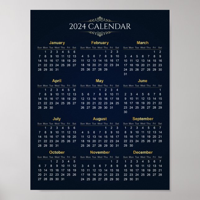 Elegant Gold and Blue 2024 Calendar | Poster (Front)