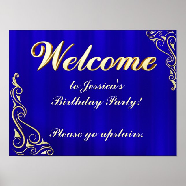 Elegant Gold and Blue Birthday Welcome Sign (Front)