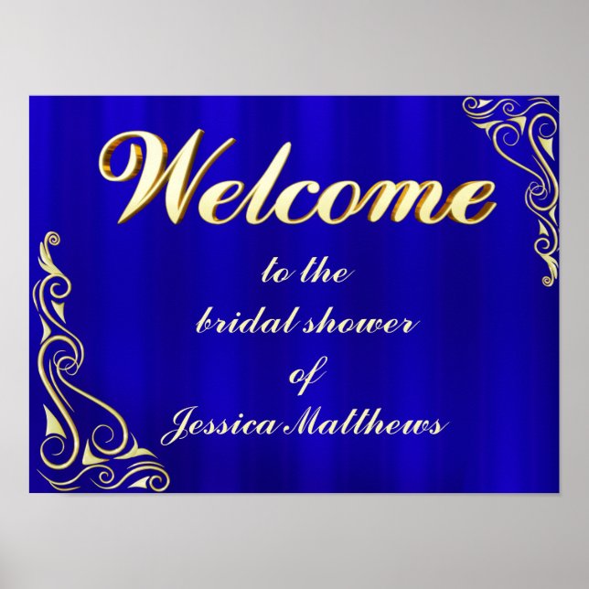 Elegant Gold and Blue Bridal Shower Welcome Sign (Front)